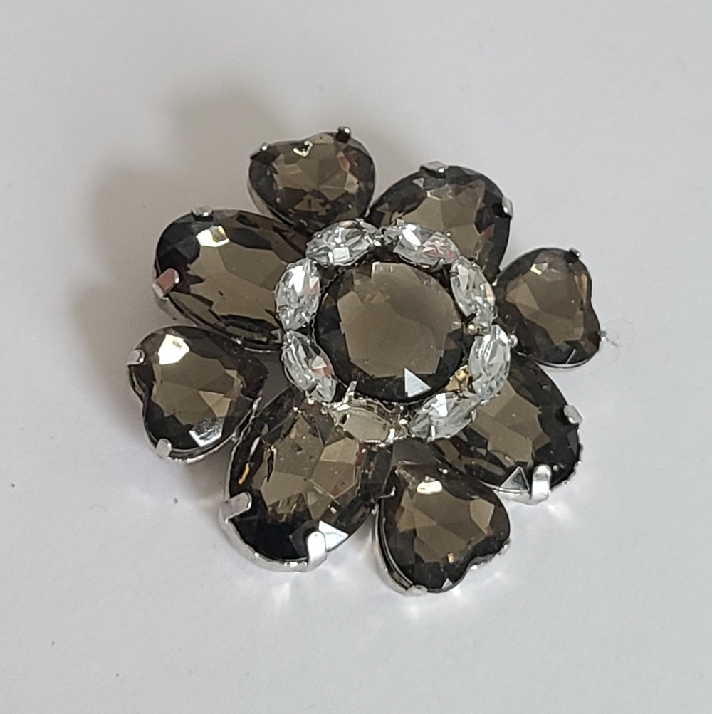 Vintage Maximalist Chunky Large Smoky Grey Brown Clear Rhinestone Flower Brooch
